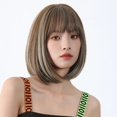thumbnail image 3 of Pelucas sintéticas cortas y rectas para mujer, pelo Natural de Cosplay con flequillo, marrón, Blanco mezclado, resistente al calor, uso diario, 3 of 4