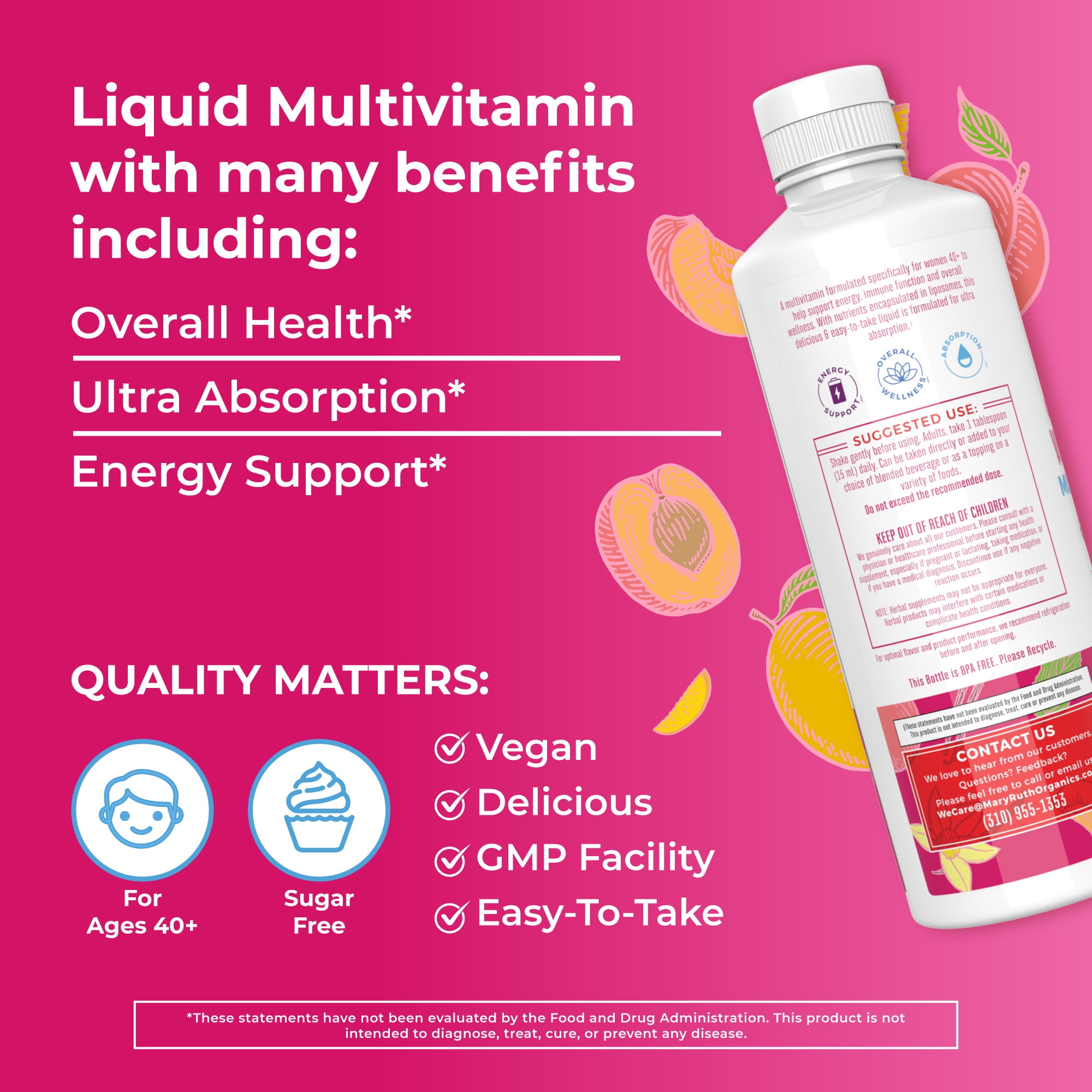 MaryRuth's Women's Multivitamin Liquid 40+, One Bottle 15.22 Fl Oz for Women, Vanilla Peach Flavor