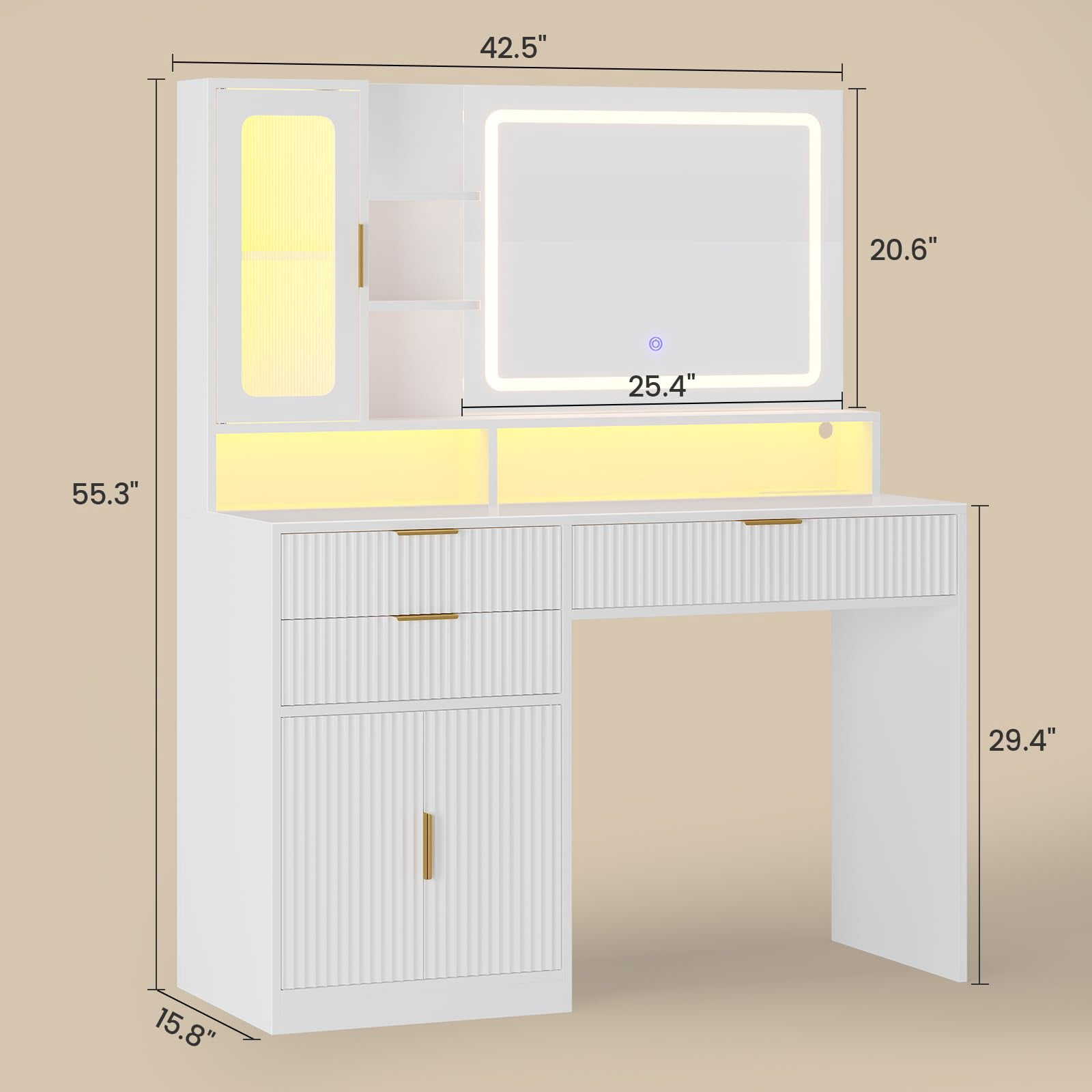 Fluted Makeup Vanity Desk with Touch Screen Mirror and Lights, Wood Vanity Table with Charging Station & LED Lights, with 3 Drawers & Cabinet & Shelves, White