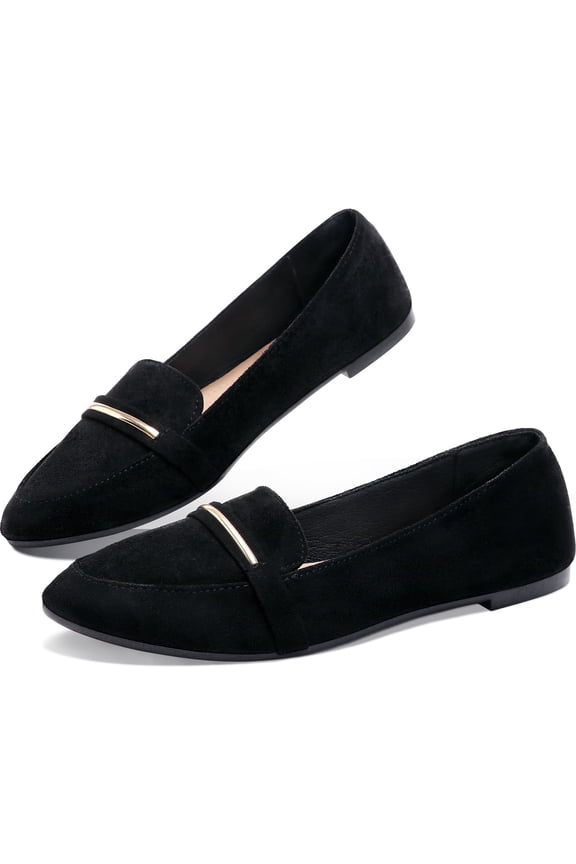 Womens Stylish Pointy Toe Loafer Flat ,Comfortable Faux Suede Ballet Flat, Elegant Work Penny shoes ,Cute Pointed Toe Dress shoes for Ladies (Black,US9)
