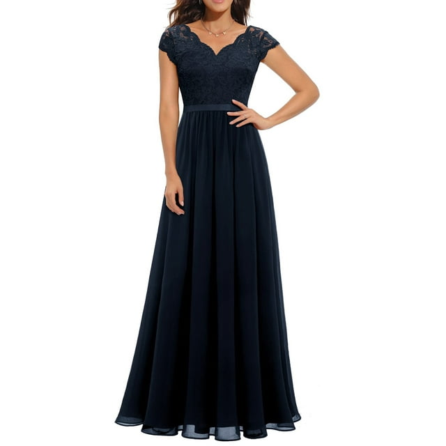 SAYOO Vestido de Noche Largo para Mujer, Vestido Elegante con Escote en V sin Espalda de Patchwork de Encaje de Color sólido, Ropa Simple de una Pieza SAYOO casual