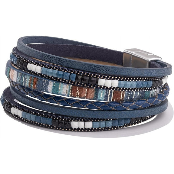 Boho Leather Wrap Bracelets Trendy Layered Bracelets with Magnetic Clasp Strackable Bohemian Jewelry Gifts for Women Navy Blue {件数}