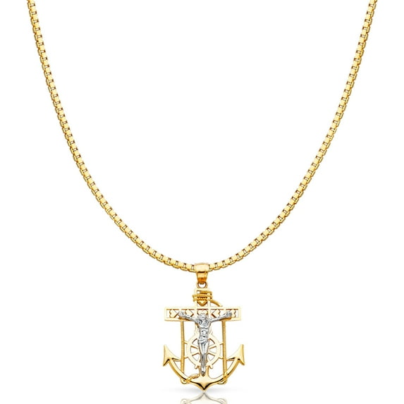 Ioka-14K Two Tone Solid Gold Jesus Crucifix Anchor Religious Charm Pendant with 1.2mm Box Chain Necklace - 24"