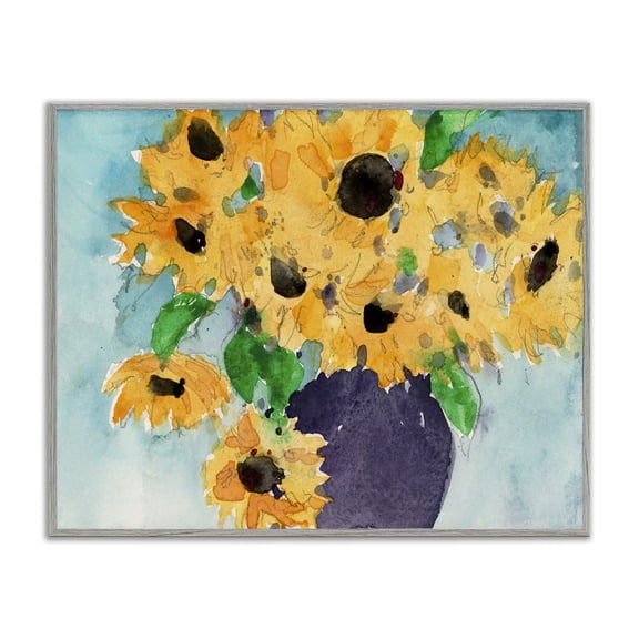 Stupell Industries Cottage Sunflowers Yellow Green Watercolor Gray Framed Giclee Art, 14 x 11, by Samuel Dixon