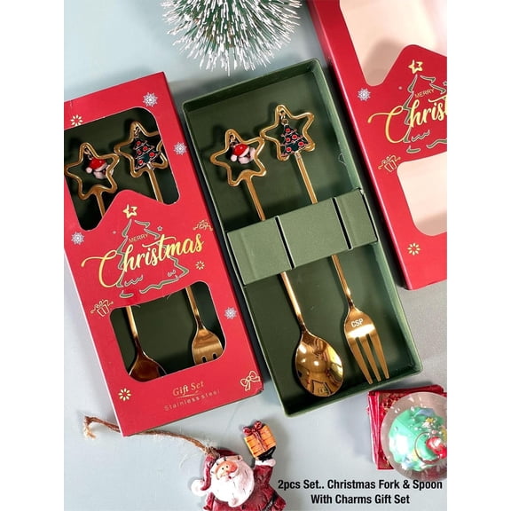 Veraa Christmas spoon and fork set. Stainless steel,creative tableware gifts, holiday party supplies 2pcs set