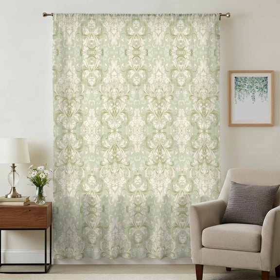 Retro Floral Sheer Curtains 63 Inches Long, Vintage Ethnic Tribe Abstract Art Sage Green Light Filering Curtains, Breathable Simi Curtain Privacy Drapes for Living Room Bedroom Window Treatment