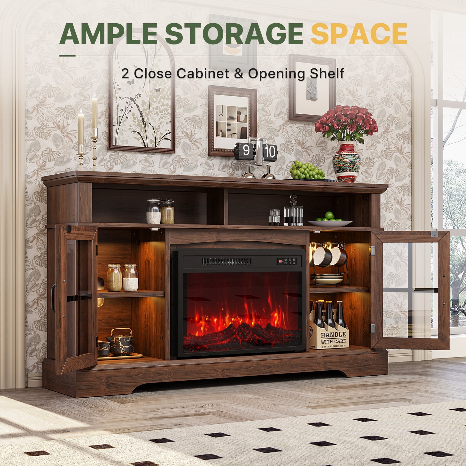 BaPiPro 58" Fireplace TV Stand with 23" Electric Fireplace for TVs up to 70", Media Entertainment Center Console Table, Rustic Brown