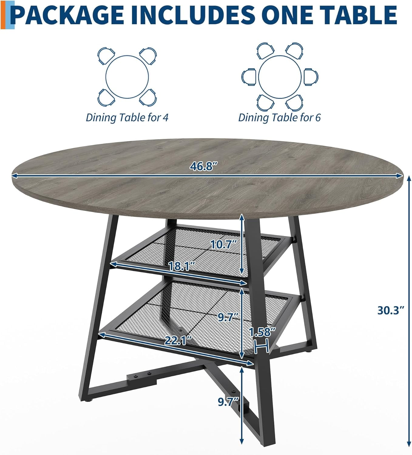 47 Inch Round Dining Table Set for 4-6 with Storage Shelf & Metal Base, Circle Wooden Kitchen Table Set for Dining Room (Only  Table )