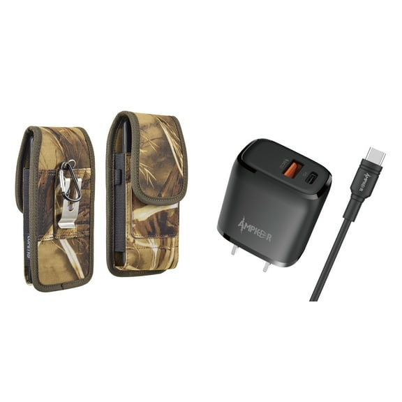 Holster and Wall Charger Bundle for Samsung Galaxy S21 FE 5G: Vertical Rugged Nylon Belt Pouch Case (Camo) and 38W Dual Port (Power Delivery PD Type-C and USB-A) Power Adapter