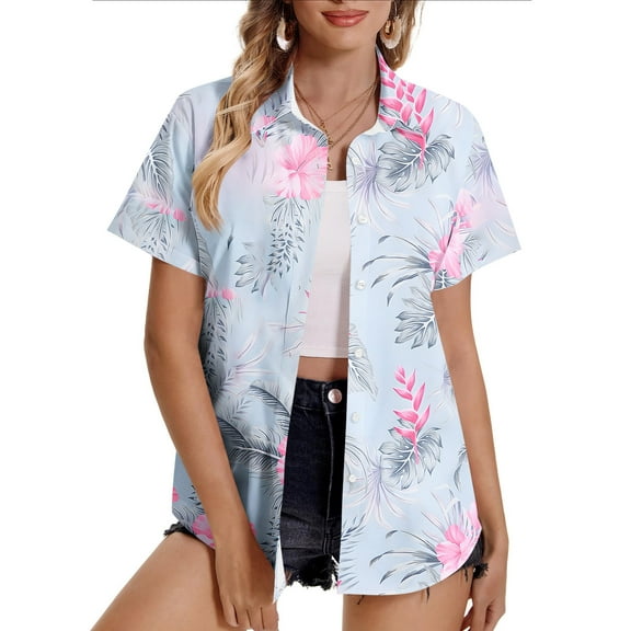 HOMBOM Hawaiian Women Button down Shirts Modest Beige Floral Spring Collared Short Sleeve Blouses L