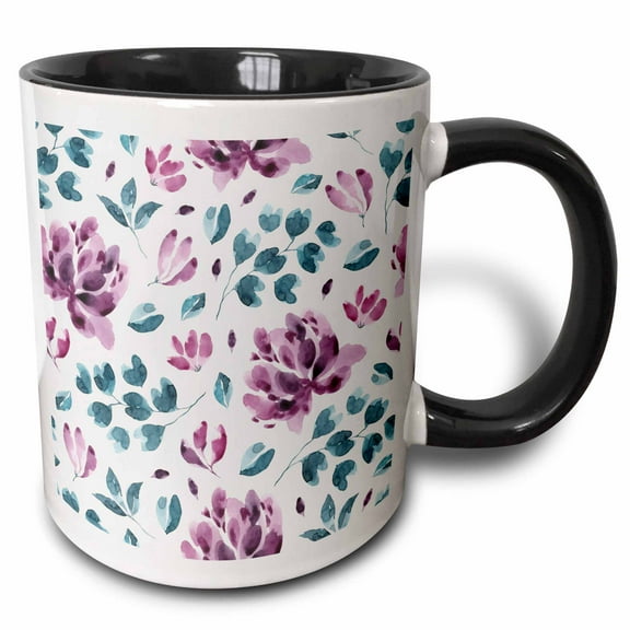 3drose, Pretty Watercolor Purple and Blue Floral and Leaves on Light Blue, 11oz Two-tone Black Mug