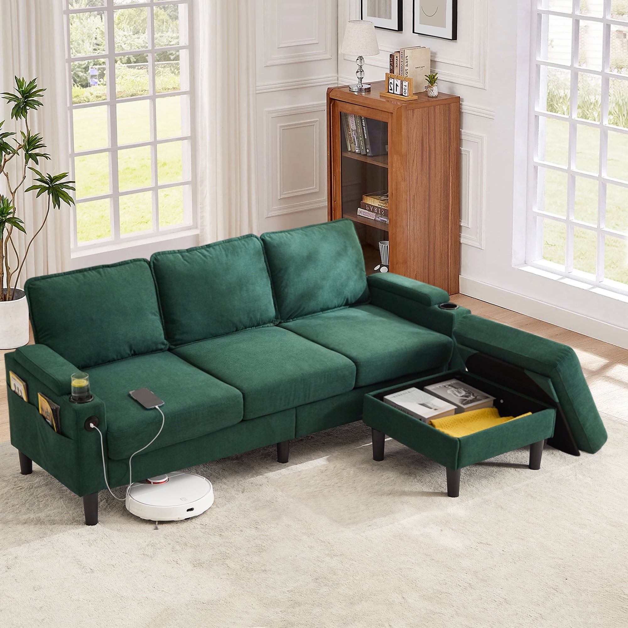 L-Shaped Seciton Sofa with Storage Ottoman, Modern Linen Fabric Reversible 3-Seater Sofa Couch with USB Port and Side Pocket for Living Room, Small Space Apartment, Green