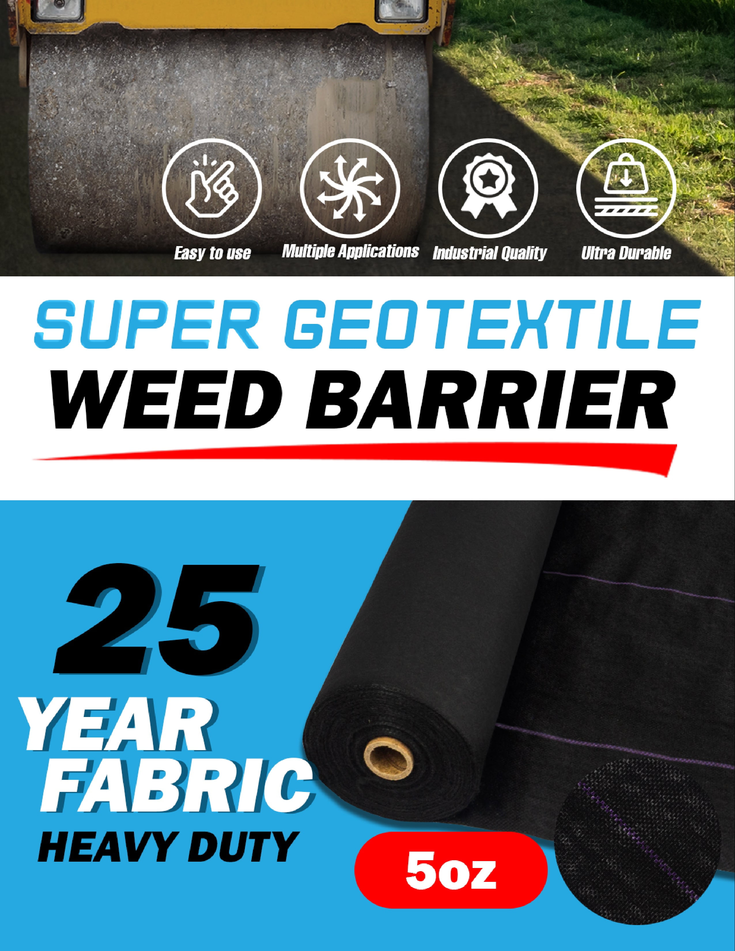 Super Geotextile Pro Grade 5oz Weed Barrier - Heavy Duty Landscape Fabric - Weed Block - 25 Year Fabric 3' x 100'