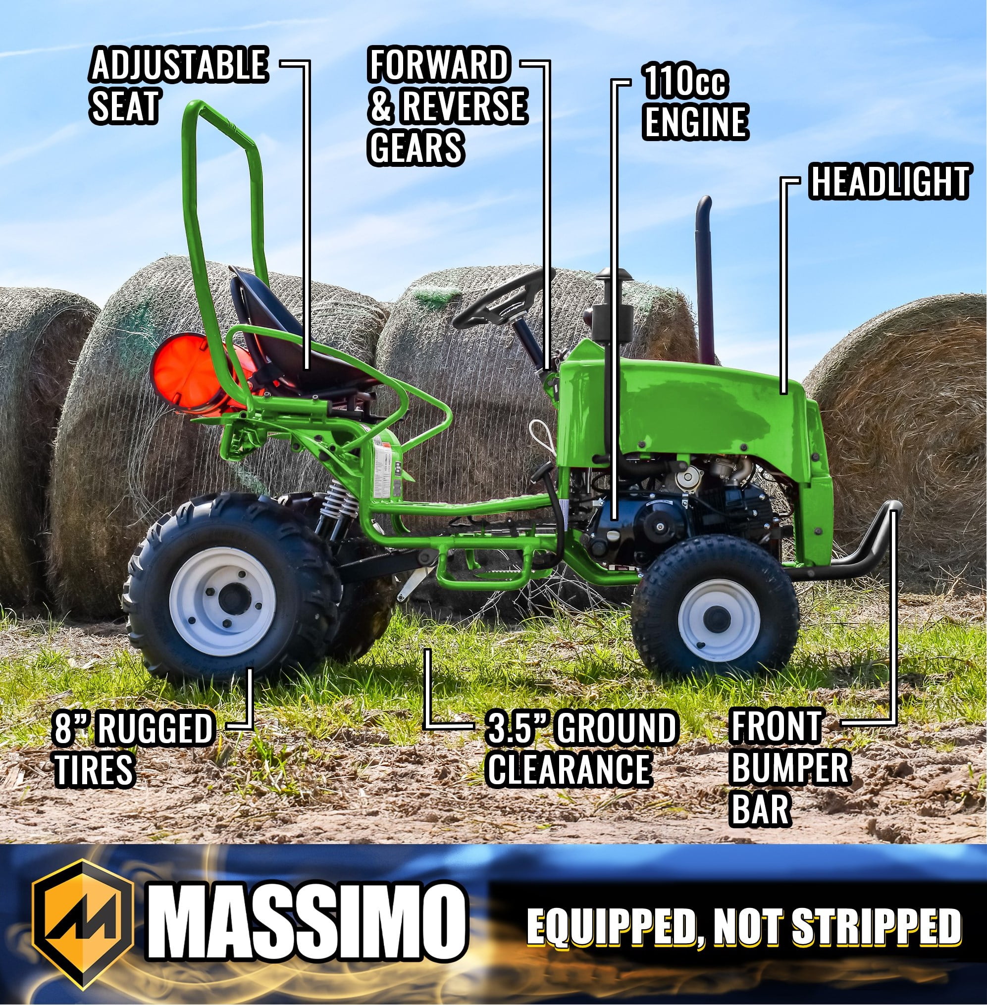 Massimo Mini Tractor 110cc 2WD Gas Go Kart – Kids & Youth Ride-On Utility Vehicle – Green