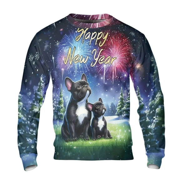 Happy New Year French Bulldog Family Cheer Winter Midnight Firework All Over Print 3D Sweatshirt Unisex Merch Dog Lover Gifts - 02025