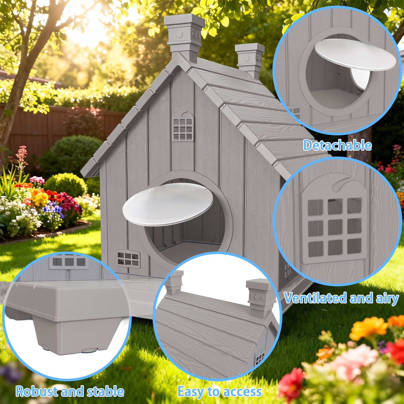Joxxoaa Outdoor resin weatherproof cat house,ventilated and insulated for Cats,Kittens, Puppies,washable,easy to assemble,scratch and bite-resistant,non-stick to hair (gray)