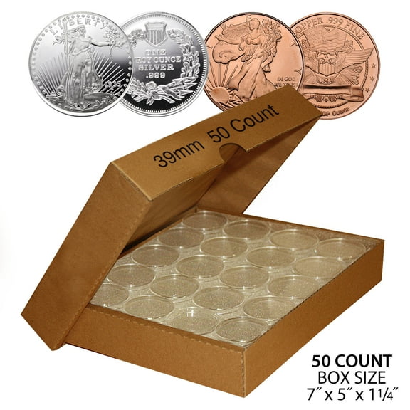 50 SILVER or COPPER ROUNDS Direct-Fit 39mm Coin Capsule Holder (QTY: 50) w/ BOX