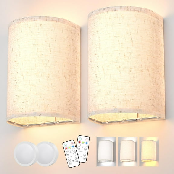 Wall Sconces Set of Two, Battery Rechargeable Wall Sconce Sete, 3 Colors Changeable Dimmable Wall Lights Fixtures with Fabric Shade Remote Control for Bedroom Living Room Hallway