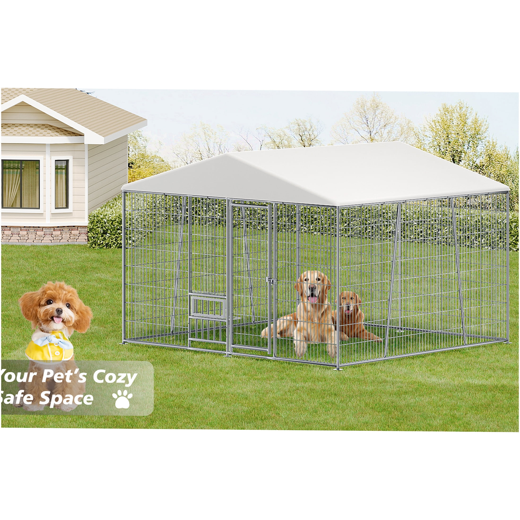 JERFIT 10x10ft Outdoor Metal Dog Kennel with Roof & Feeding Bowl, Heavy Duty Steel Wire Pet Cage Playpen for Large Dogs