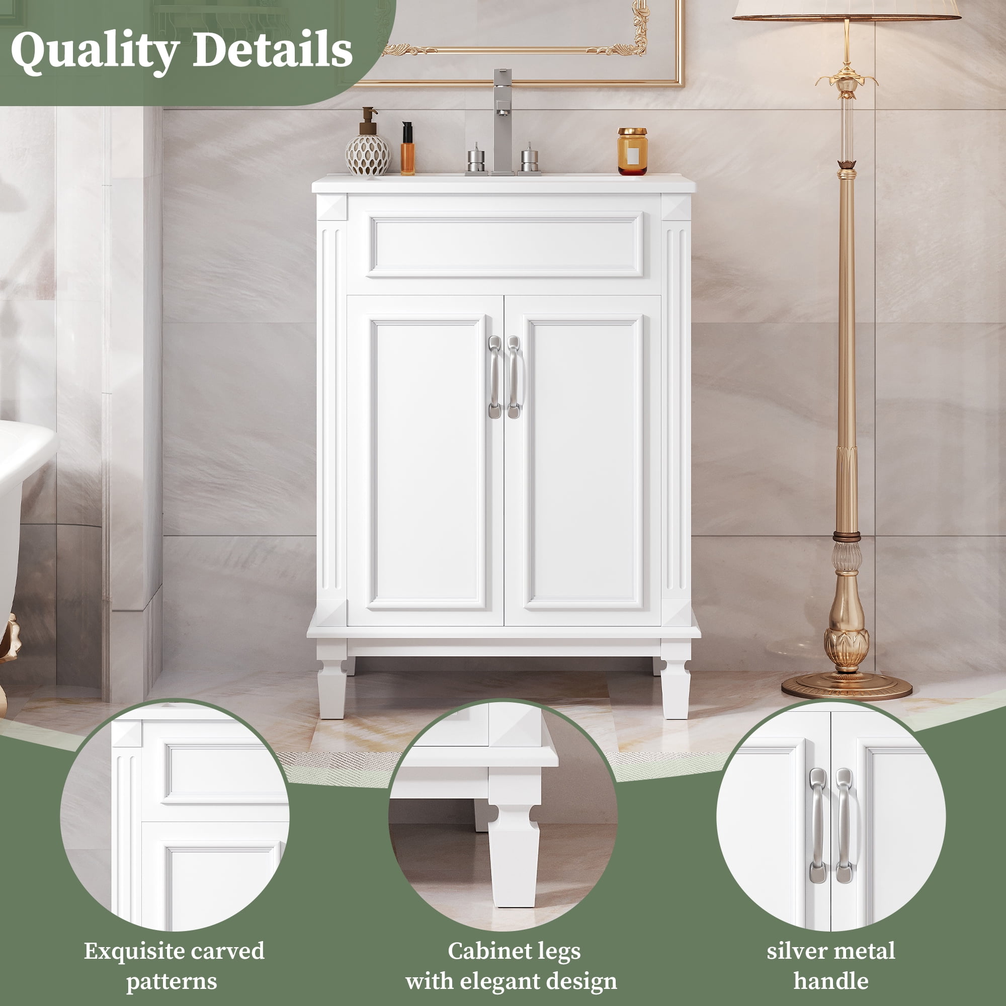 Euroco 24'' Bathroom Vanity with Top Sink, Modern Bathroom Storage Cabinet with 2 Soft-Closing Doors and Adjustable Shelf, Solid Wood Frame