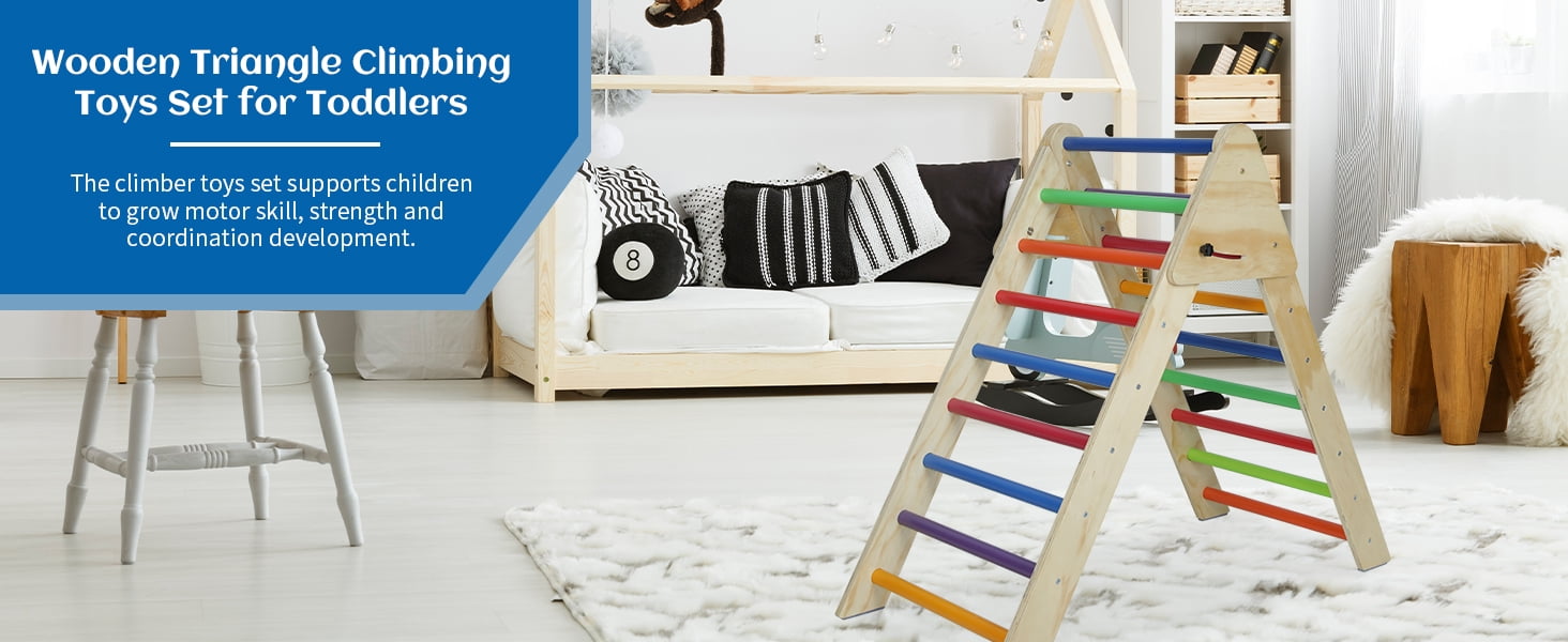 Multicolor Wooden Foldable Climbing Triangle Ladder, Montessori Pikler Play Gym, Adjustable Toddler Climber Indoor Play Structure for Kids 1-7 Years