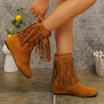 thumbnail image 3 of Hidden Wedges Mid Calf Fringe Boots for Women Boho Winter Fall Studded Suede Round Toe Dress Cowgirl Booties Brown Size 6.5, 3 of 7