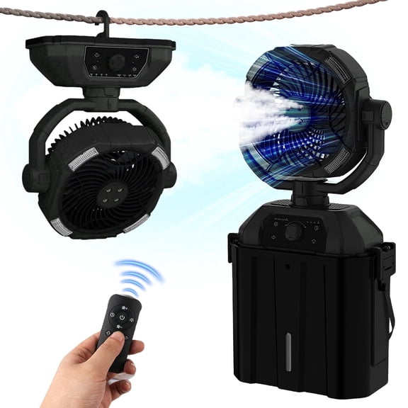 Lcgod 10 Inch Portable Outdoor Fan, Built-in Water Mist Sprayer, Auto Oscillating, 7 Adjustable Wind Speeds, Long Lasting Runtime, Cordless Camping Fan