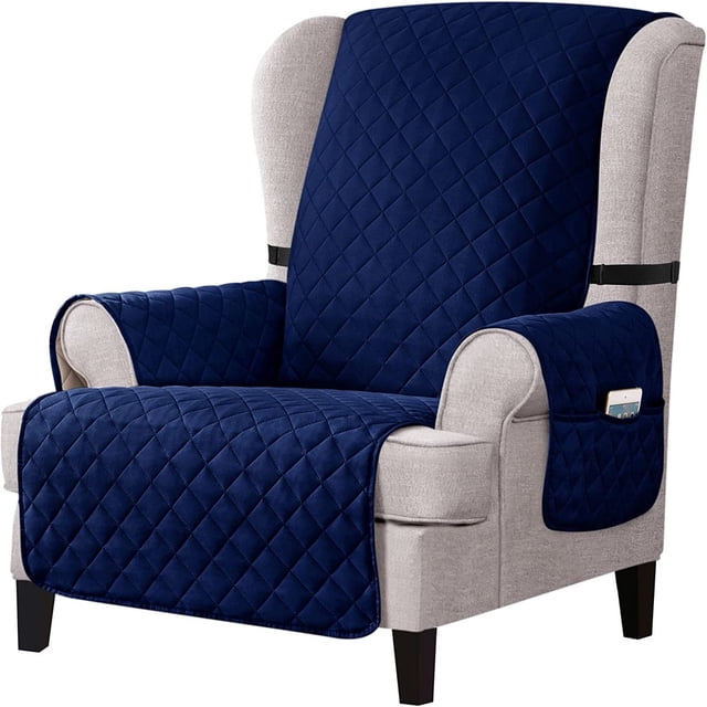 CHOK 2024 Reversible Wing Chair Slipcovers with Elastic Band and Side Pocket (Navy)
