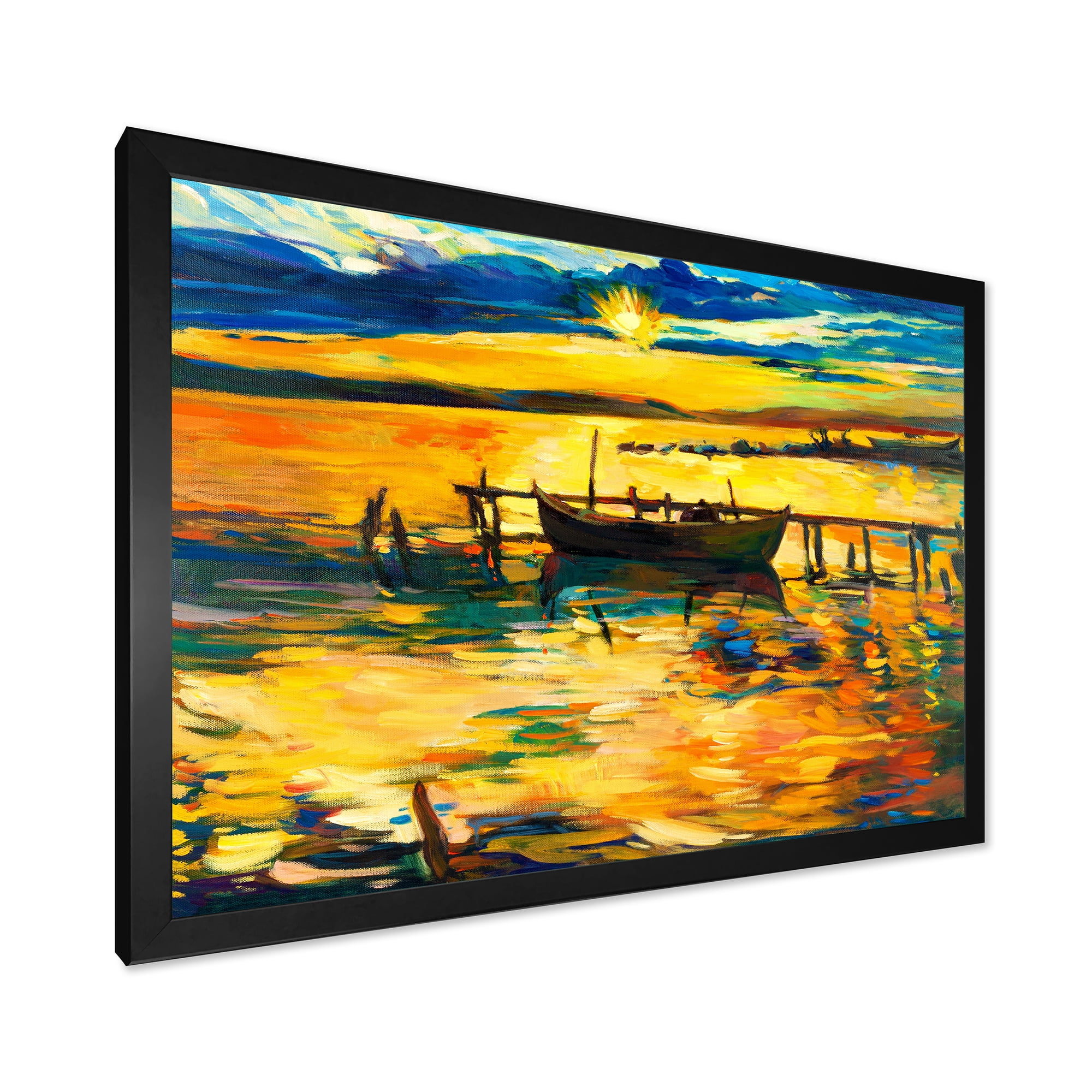 Boat At The Lake During Evening Glow VI 40 in x 30 in Framed Painting Canvas Art Print, by Designart