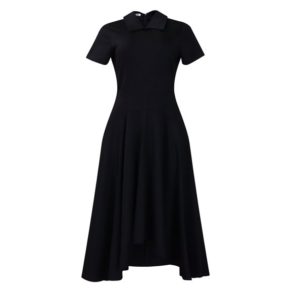 AURA Women’s Midi Dress High Waist Pleated Flared Skirt Doll Collar Short Sleeve S XXXL