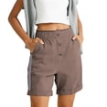 thumbnail image 2 of CQONEPT Shorts for Womens Buttons Side Striped Linen Shorts with Pockets Elastic Waist Fashion Short Pant Coffee XL, 2 of 7