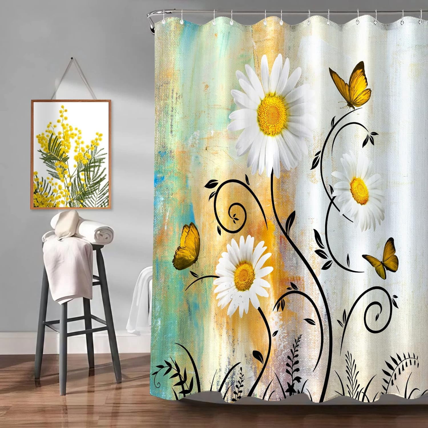 Rustic Farmhouse Shower Curtain White Daisy Floral Orange Waterproof Fabric Shower Curtains for Bathroom Flower Yellow Butterfly Bath Curtain Decor with Hooks (Yellow, 72'''' x 72'''')