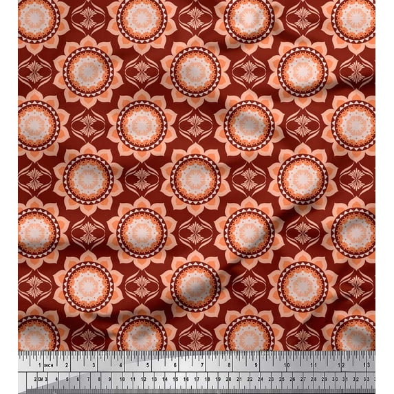 Soimoi Red Silk Fabric Vector Design Damask Decor Fabric Printed Yard 42 Inch Wide