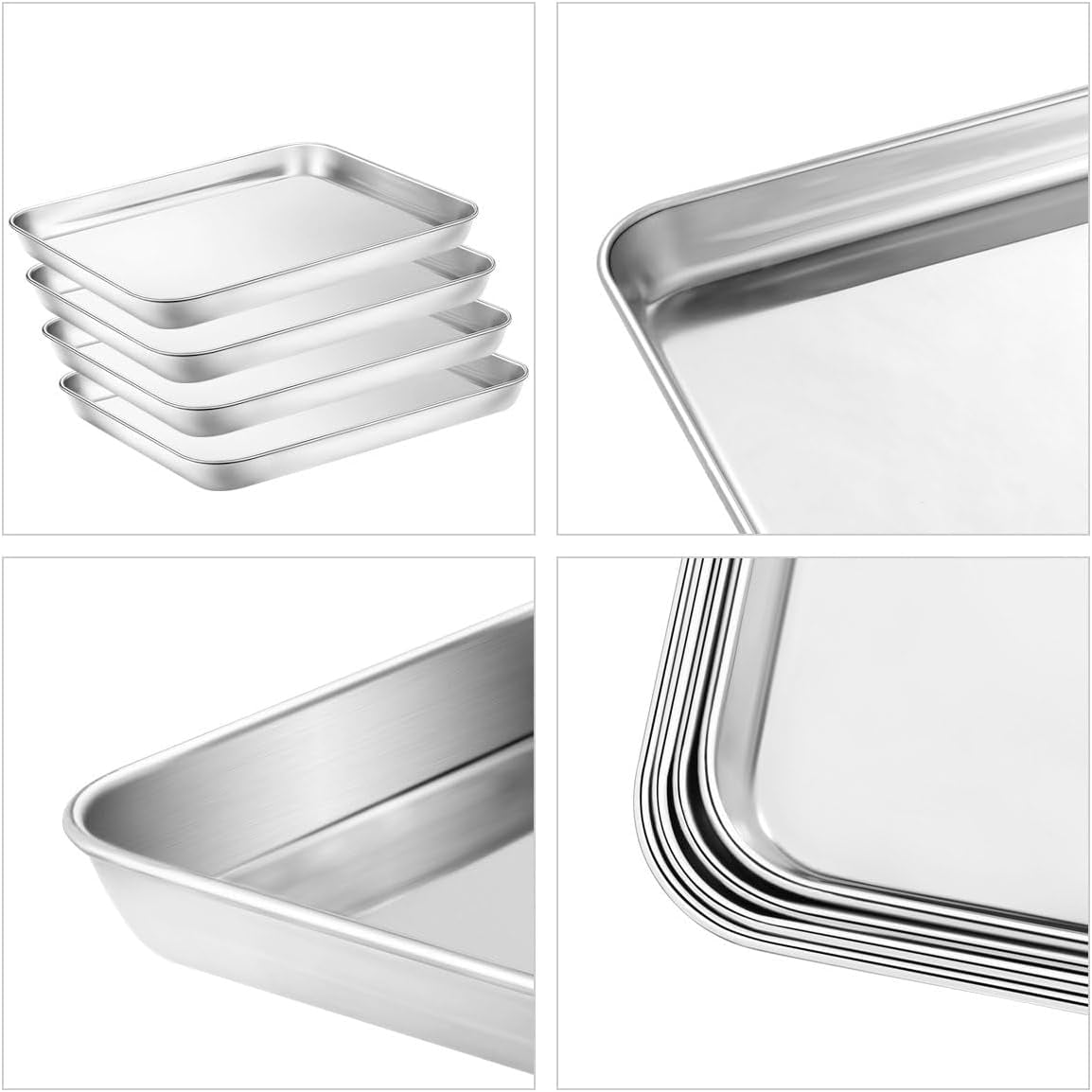 Baking & Cookie Sheets Set of 4, Stainless Steel Compact Toaster Oven Pan Tray Ovenware Professional, Size 10.23 x 8.26 x 1 inch, Heavy Duty, Deep Edge, Superior Mirror Finish, Dishwasher Safe