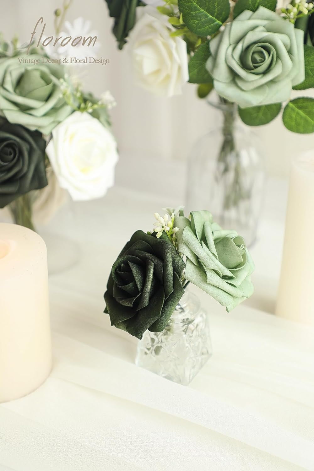 Artificial Flowers 25pcs Real Looking Emerald Green Ombre Colors Foam Fake Roses with Stems for DIY Wedding Bouquets Bridal Shower Centerpieces Sage Green Floral Arrangements Tables Decoration