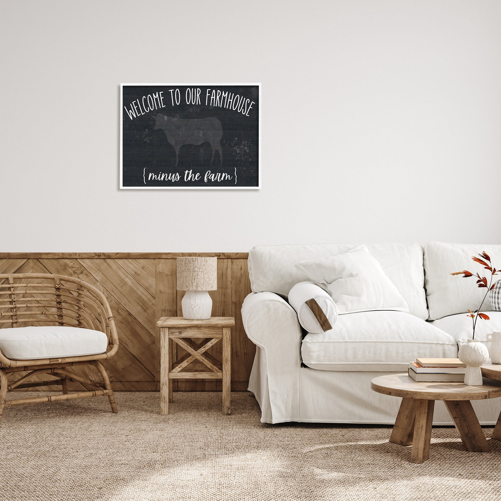 Stupell Industries Welcome To Farmhouse Playful Rustic Cow Motif Graphic Art White Framed Art Print Wall Art, Design by White Ladder