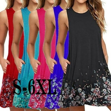 - Fashion Womens Sleeveless Vest Dress Floral Print Tank Dress Casual Sundress Plus Size