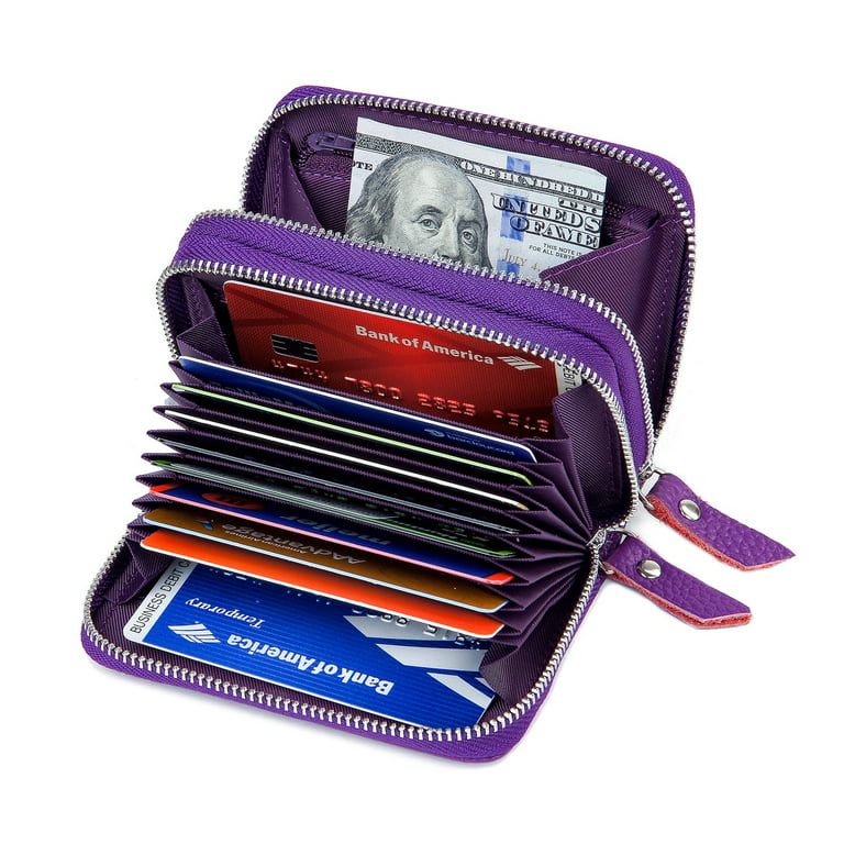 KALMORE Women's Genuine Leather Credit Card Holder RFID Secure Spacious Cute Zipper Card Wallet Small Purse with ID Window, Size: Universal, Purple