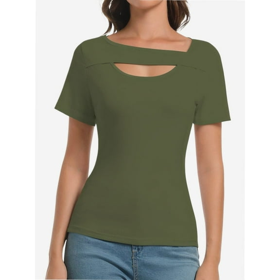 Women's Fashion Clothes One Piece Cutout Tops Short Sleeve Knit Slim Fitted Shirts Tee Tshirts
