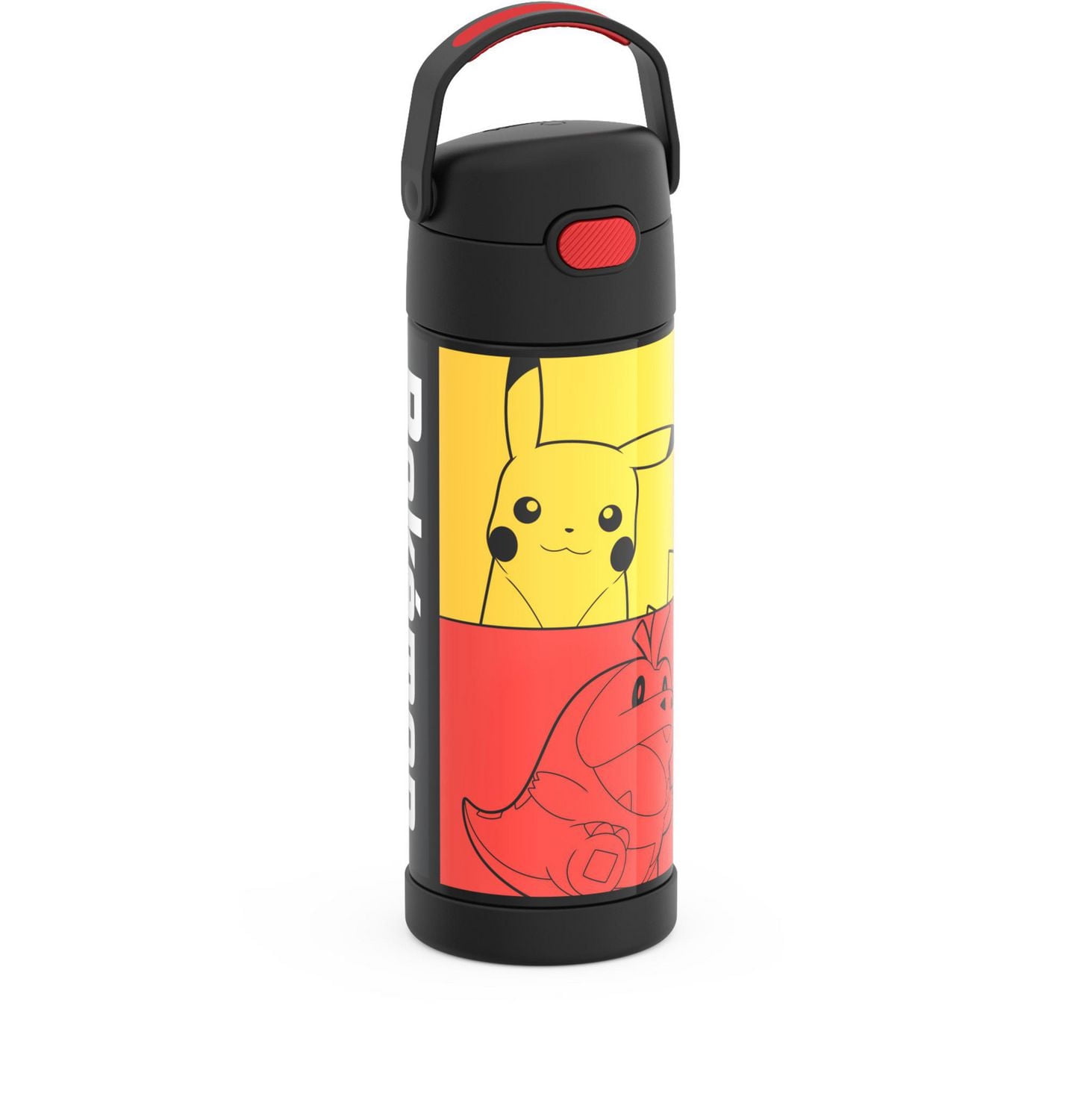 Thermos Kids Bouteille d'eau isotherme en acier inoxydable avec bec verseur et couvercle, 470 ml, Pokémon Bouteille, Noir