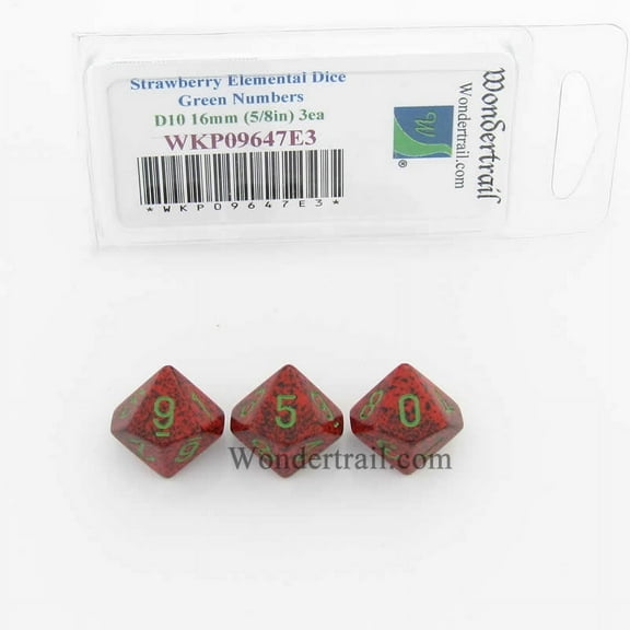 Strawberry Elemental Dice with Green Numbers D10 16mm (5/8in) Pack of 3 Wondertrail
