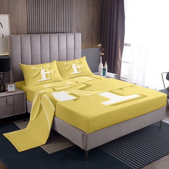 Erosebridal Yellow Bowknot Bed Sheets Set Twin Size, Initial Letter F Bed Sheets Twin, Cartoon Monogrammed Reversible Sheet Set Twin, Breathable Bedroom Decorative, 3pcs