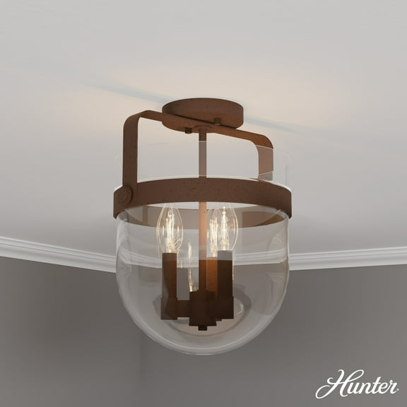 Hunter - Karloff 3-light Textured Rust, Medium Size Flush Mount Light, Dimmable, Casual Style, Urn Shaped, for Bedrooms, Dining, Living Rooms - 19835