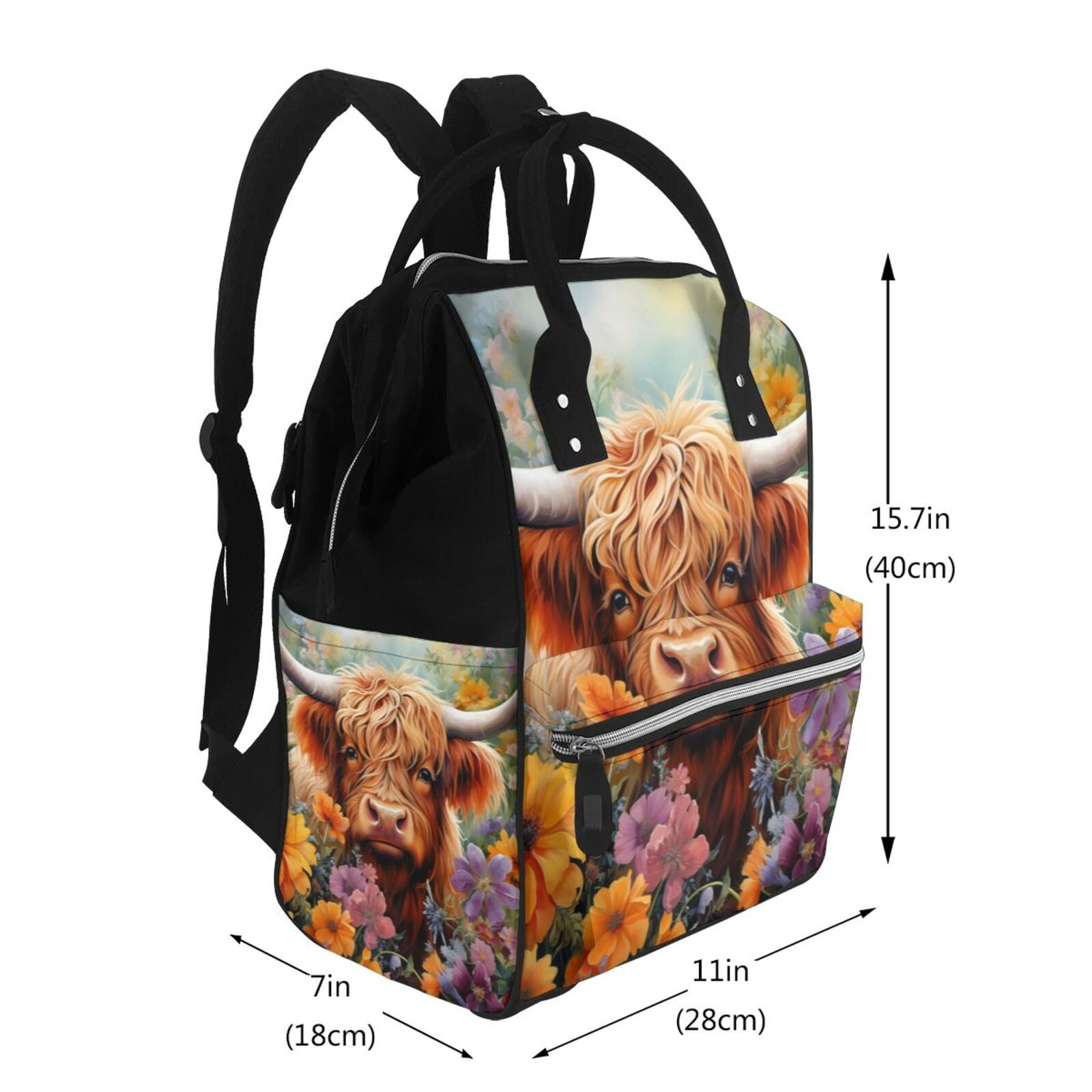 Ratiio Countryside Colorful Floral Cow Mummy Backpack - Waterproof Twill Canvas, Large Capacity Diaper Bag with Multiple Pockets and Adjustable Straps