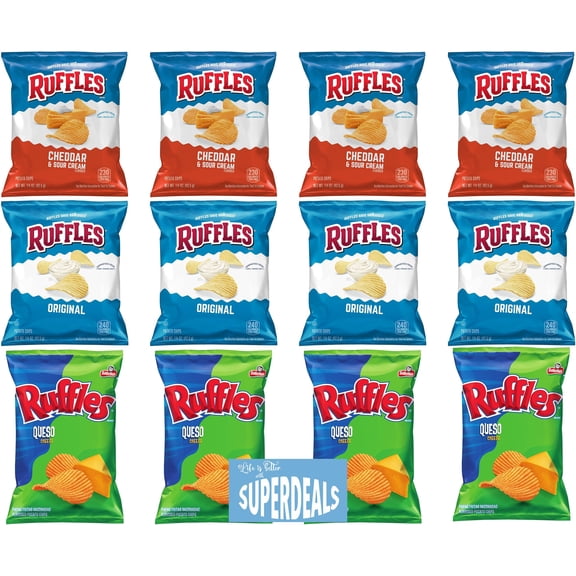 Ruffles Potato Chips, Favorites Variety Pack (Cheddar Sour Cream, Original, Queso) 1.5 Ounce Bag (Pack of 12) Value Pack Bundled by SUPERDEALS with Mystery Gift