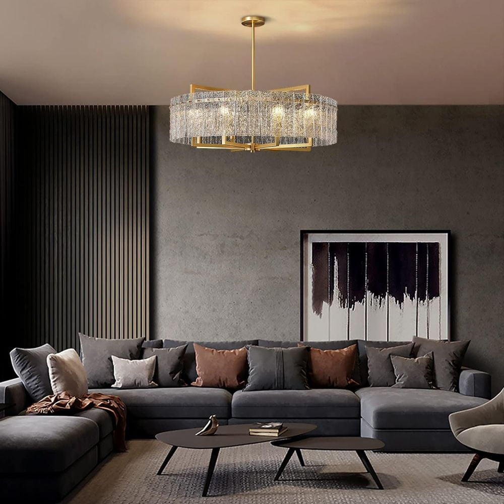 HOOMEDELIER 33.5" Modern Drum Crystal Chandelier Lighting with Glass Shade, 8-Light Gold Luxury Pendant Ceiling Light Fixture for Indoor