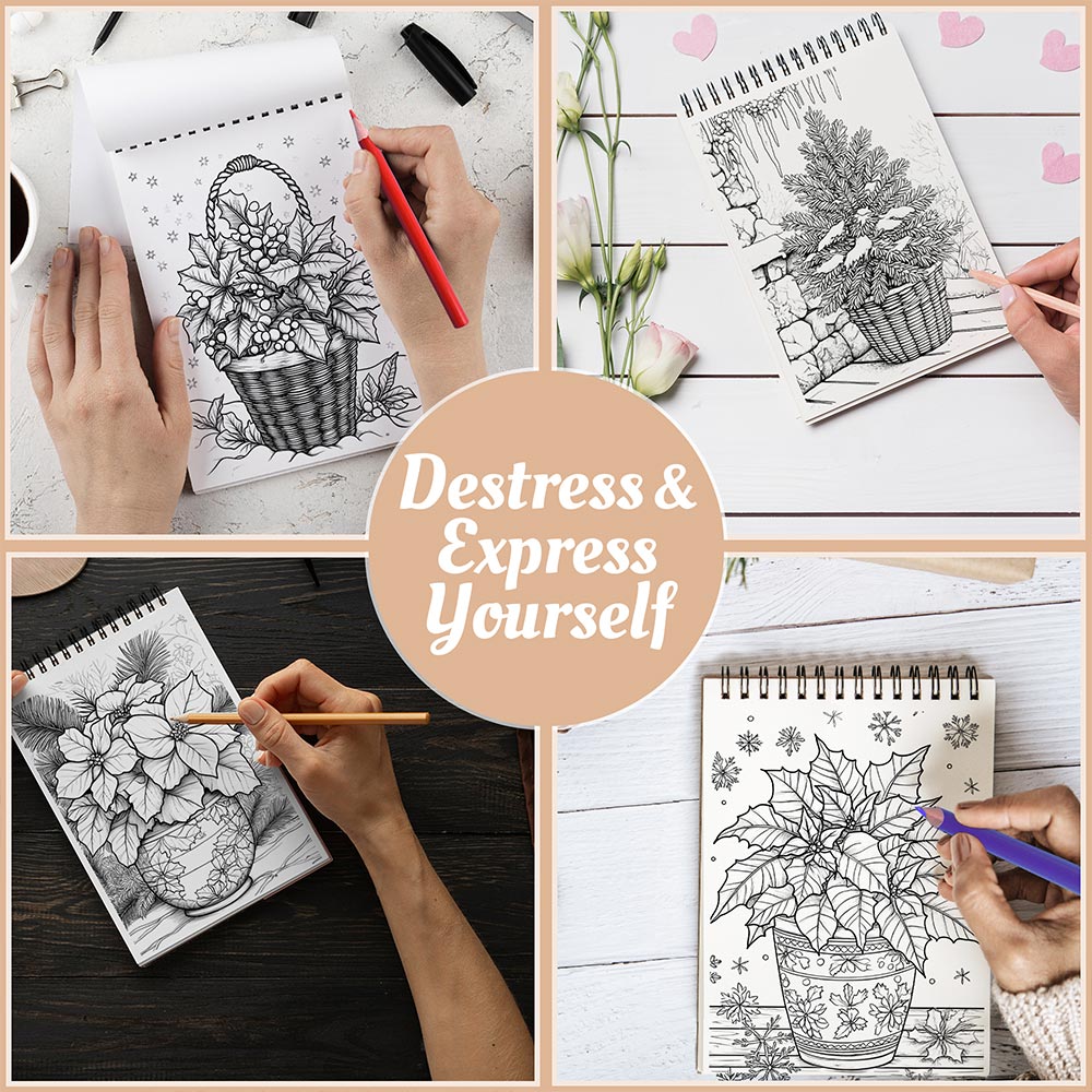 Netecom Winter Nature Coloring Book Spiral Bound for Adults, A5 Wooden Cover, 30 Beautiful Coloring Pages of Various Flowers for Stress Relief and Relaxation