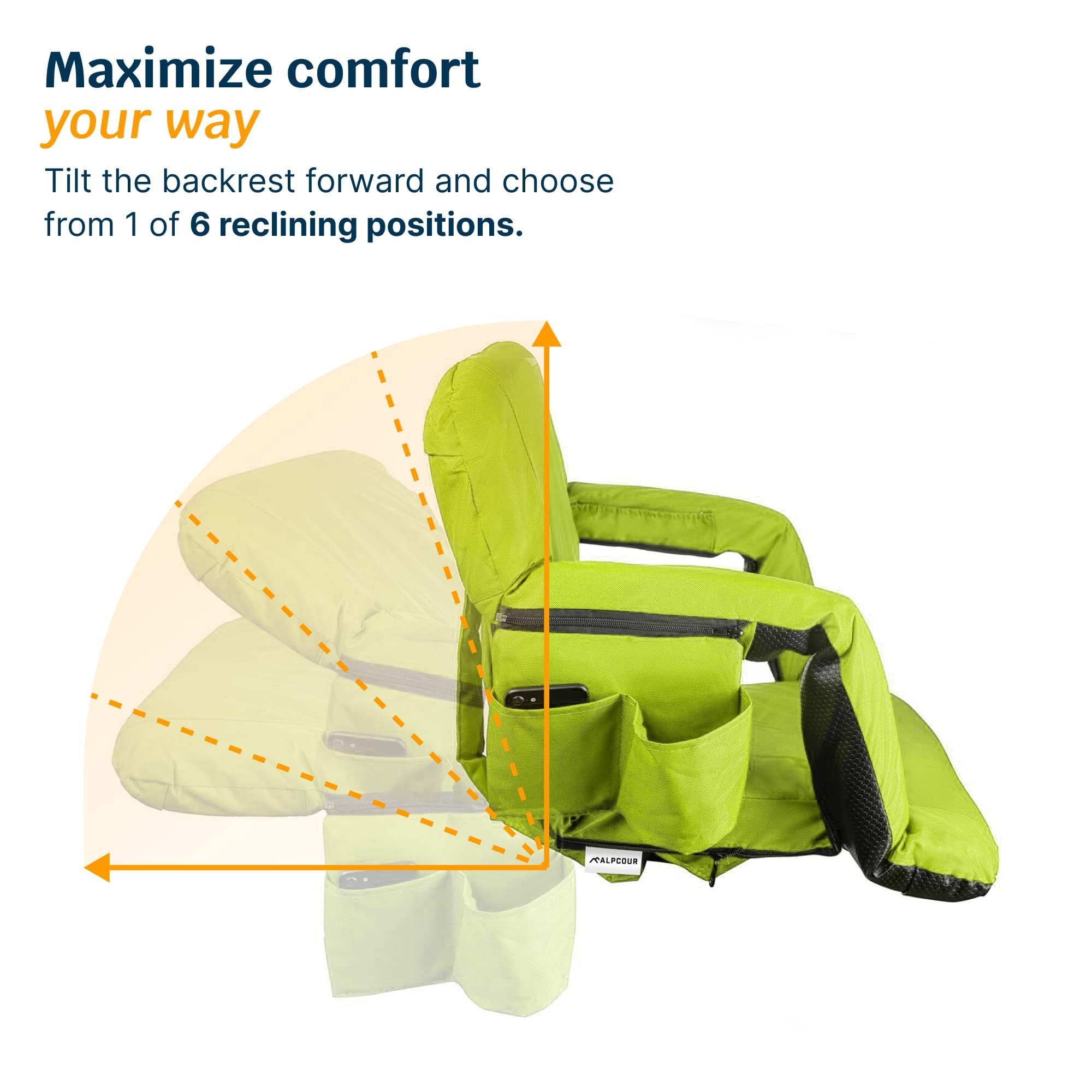 Reclining Stadium Seats for Bleachers with Back Support  Wide Bleacher Chair Cushion, Armrests, Large Pockets, and Multiple Safety Features  Best Stadium Seat Chairs for Camping, Kayak Backs & More