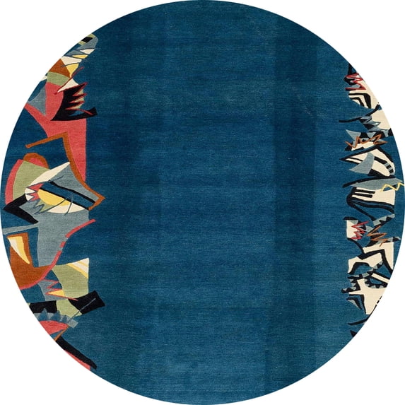 Ahgly Company Indoor Round Abstract Greenish Blue Green Abstract Area Rugs, 7' Round