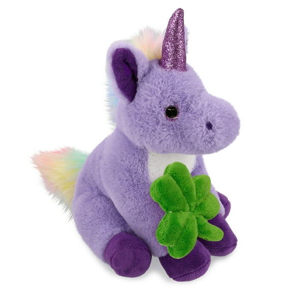 DolliBu Purple Unicorn Stuffed Animal with Green Plush Shamrock, Cute Green Shamrock Plush, Fun St Patricks Day Stuffed Animal Unicorn, Good Luck St Patricks Day Toys for Kids, Baby - 9 Inches